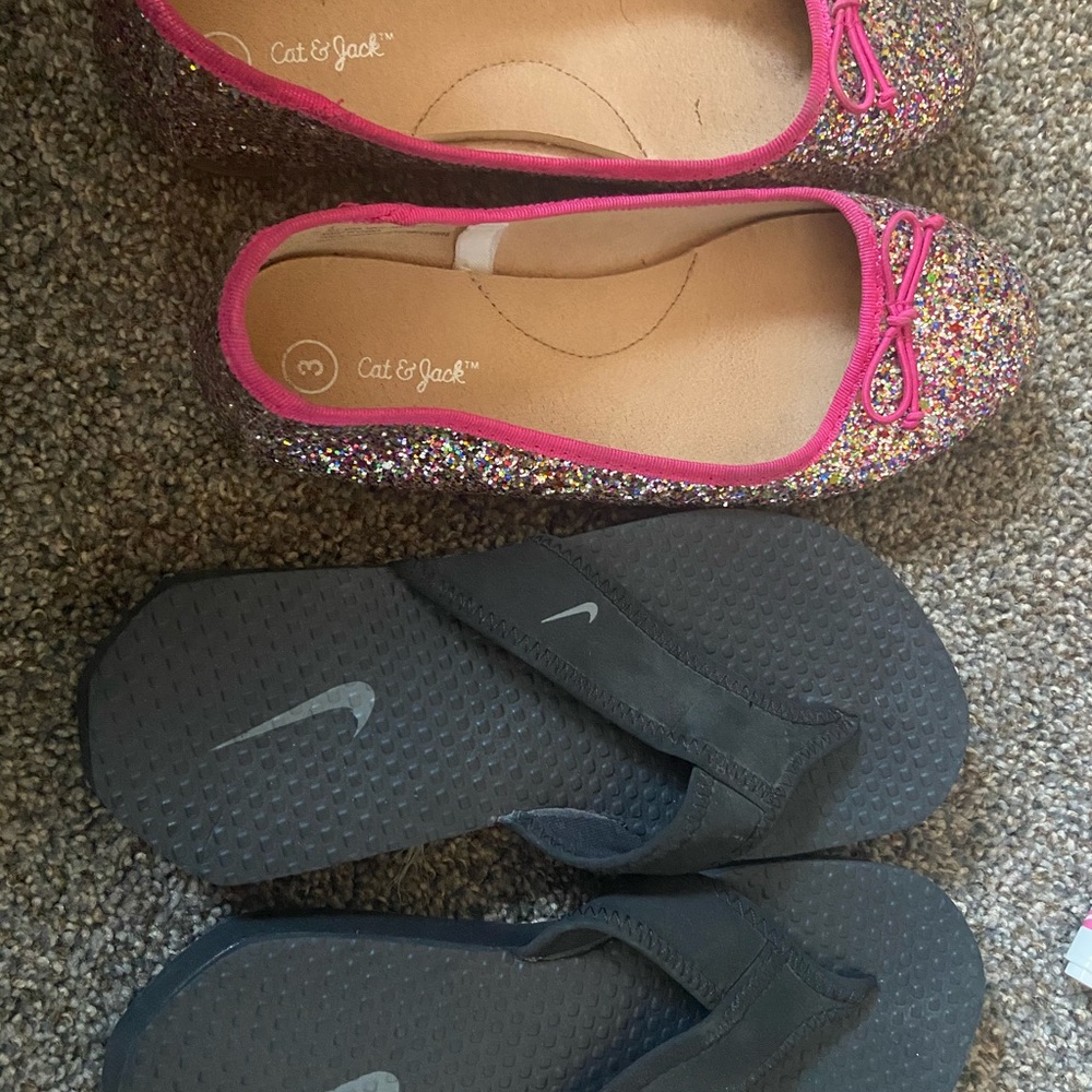 Size 3 Cat & Jack Slip Ons & Black Nike Flip Flops